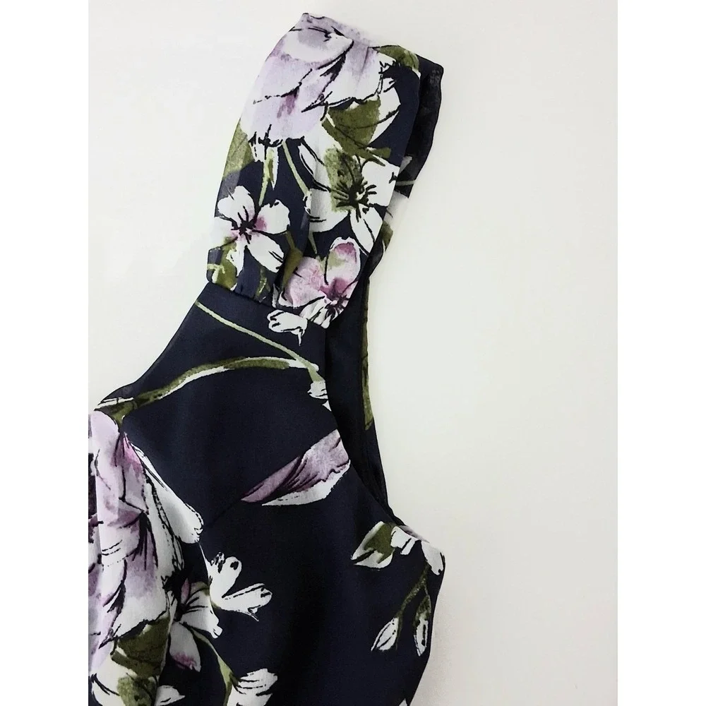 Connected Apparel Dress Size 6 Navy Purple Floral Sleeveless Lined Pre-owned